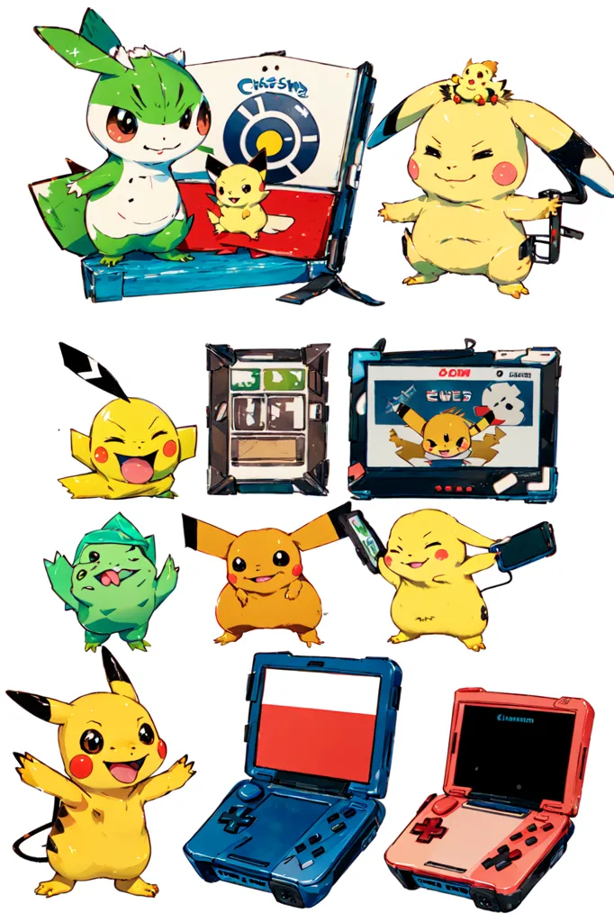 The image shows various colorful cartoon characters and electronic devices. The characters are mostly yellow and have different facial expressions and poses. They are drawn in a chibi style and have big heads and eyes. The electronic devices include a Nintendo game system and a cell phone. The image has a bright and cheerful atmosphere and is likely intended to appeal to children.