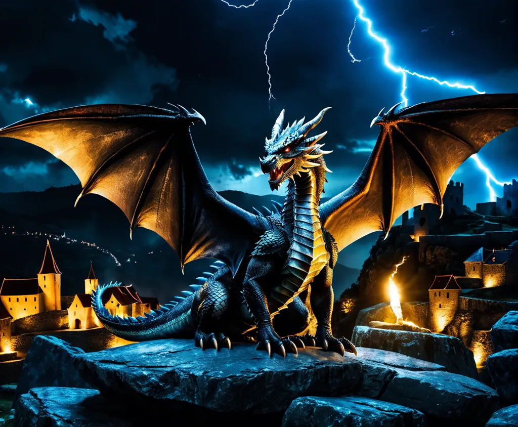 A dragon is perched on a rock in front of a castle. The dragon is black with yellow-orange wings and its mouth is open and it has a fire coming out. The castle is in the background and there is a lightning storm in the sky.