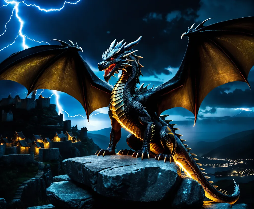 A black dragon with yellow and gold accents perches on a rock in front of a castle. The dragon's wings are spread wide, and its mouth is open, exposing sharp teeth. Lightning strikes in the background, illuminating the scene. The dragon's scales are black and shiny, and its eyes are a deep red. The castle is made of gray stone and has several towers. The dragon is perched on a rock in front of the castle, and it looks as if it is about to attack.