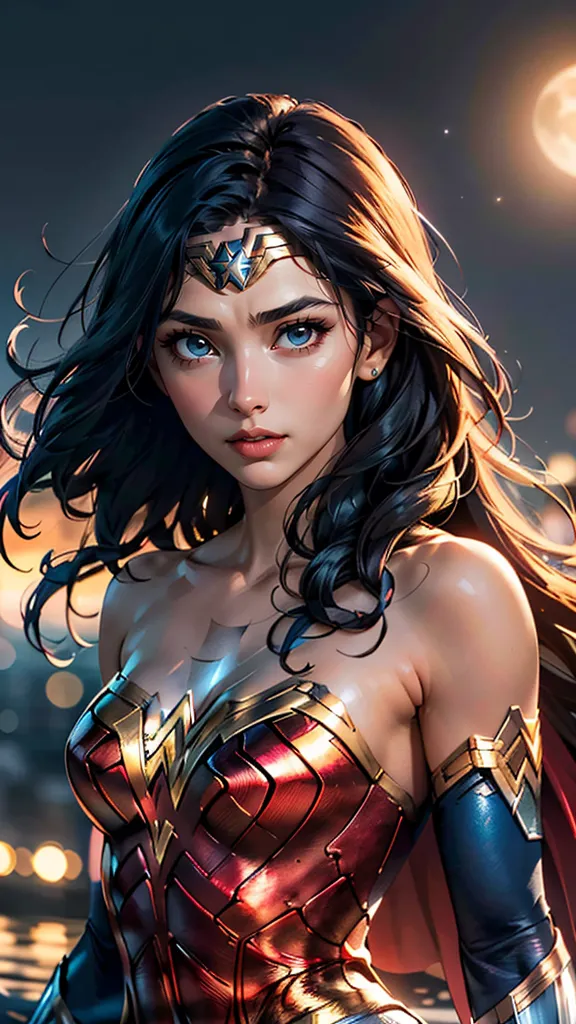 This is an image of Wonder Woman. She is a superhero who appears in DC Comics. She is known for her strength, courage, and compassion. She is also a symbol of hope and justice. In this image, she is wearing her iconic red, white, and blue costume. She has her hair down and her eyes are blue. She is standing in front of a dark background with a glowing moon behind her.