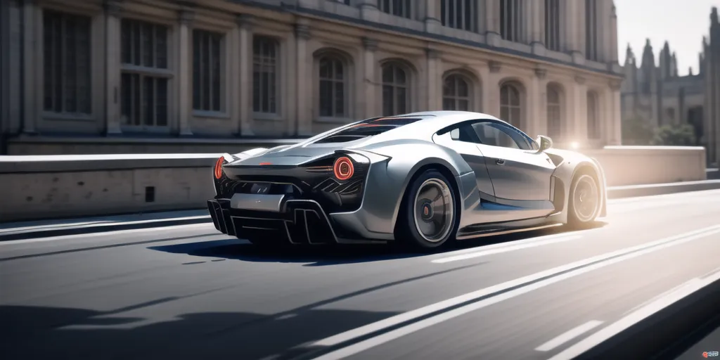 A silver sports car is driving down a city street. The car has a sleek design and a powerful engine. The driver is wearing a helmet and is focused on the road. The car is surrounded by tall buildings and the sun is shining brightly.