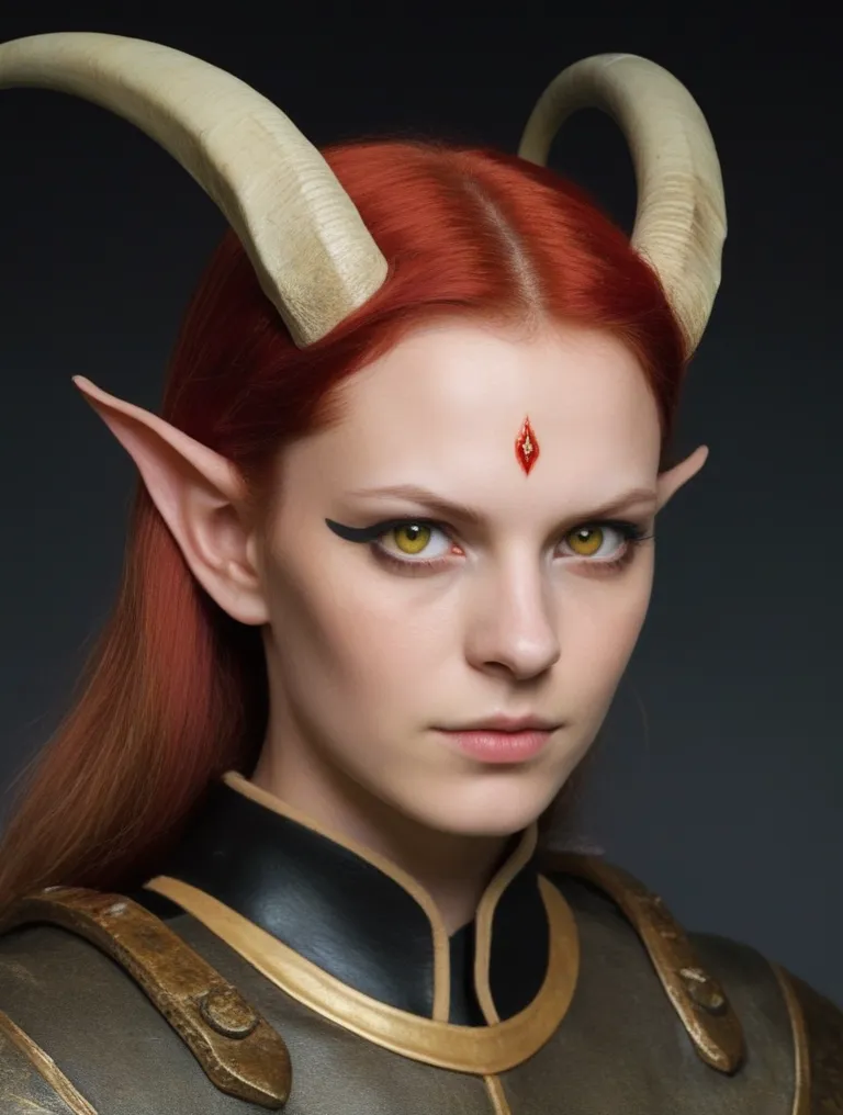 This image shows a woman, seemingly a fantasy character, with red hair, pointed ears, and horns. Her eyes are yellow and her skin is pale. She is wearing a dark-colored outfit with gold trim and has a red symbol on her forehead.