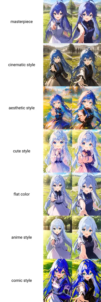 The image shows a comparison of different art styles. The styles range from masterpiece, cinematic, aesthetic, cute, flat color, anime, to comic. Each style has its own unique characteristics. For example, the masterpiece style is characterized by its realistic and detailed rendering, while the cinematic style is characterized by its dramatic and action-packed scenes. The aesthetic style is characterized by its beautiful and stylized visuals, while the cute style is characterized by its adorable and childlike characters. The flat color style is characterized by its simple and bold colors, while the anime style is characterized by its colorful and vibrant visuals. The comic style is characterized by its use of夸张 and simplified shapes.