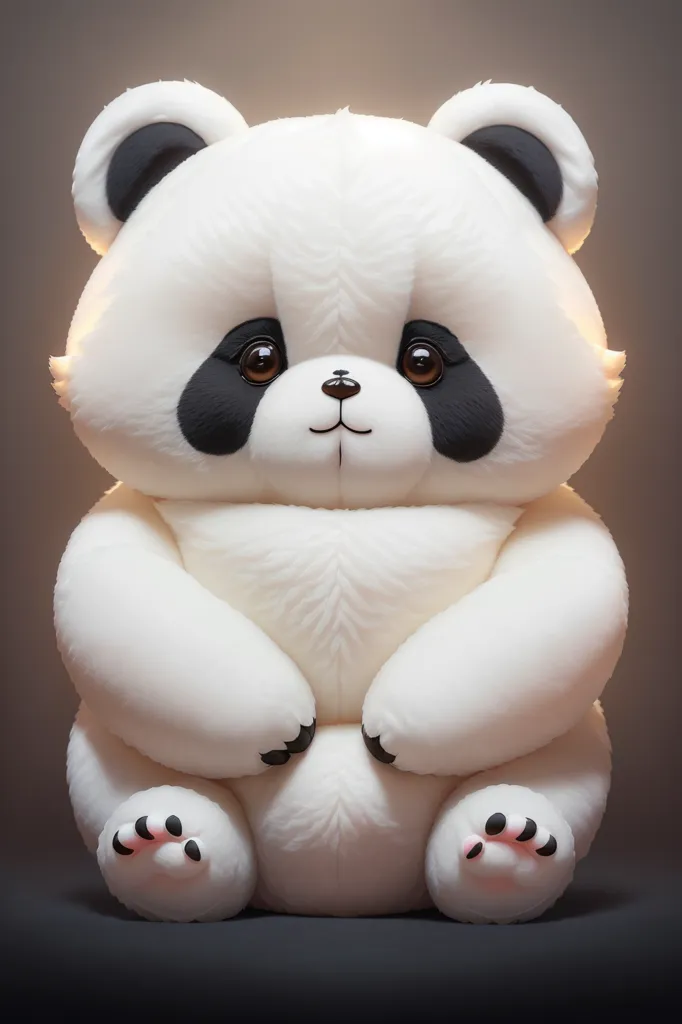 The image is a 3D rendering of a cartoon panda. It has big, round eyes, a small nose, and a wide mouth. Its fur is white with black patches around its eyes and ears. It is sitting on its haunches with its hands resting on its belly. It has a sweet expression on its face and looks like it is about to say something. The background is a dark brown.