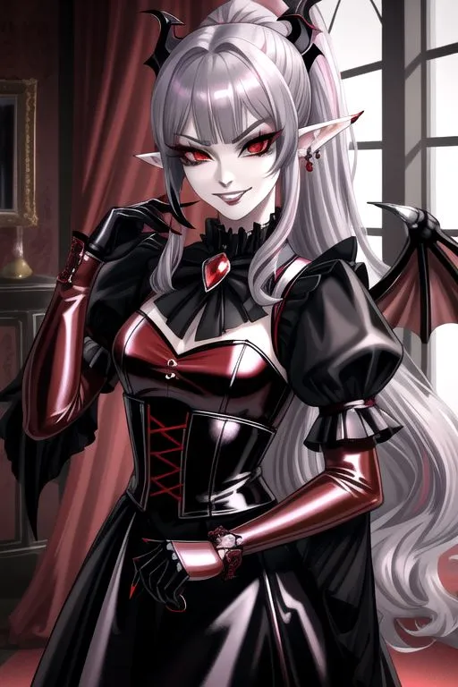 The image is of a beautiful woman with long silver hair, red eyes, and bat wings. She is wearing a black and red dress with a corset and a long skirt. She is also wearing gloves and a necklace with a red宝石. She is standing in a dark room with a red curtain in the background.