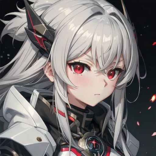 The picture shows a beautiful anime girl with white hair and red eyes. She is wearing a white and black bodysuit with a red gem on her chest. Her hair is tied up in a ponytail and she has a small red ahoge sticking out from the top of her head. She is looking at the viewer with a serious expression on her face.