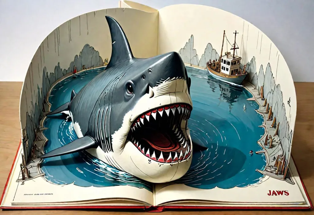 The image is a 3D illustration of a shark. The shark is depicted as a large, grey creature with sharp teeth and a powerful jaw. It is standing in a pool of water, and there is a small boat on the surface of the water. The shark is looking at the boat, and its mouth is open. The image is set in a tropical environment, and there are palm trees and other vegetation in the background. The image is a pop-up book.