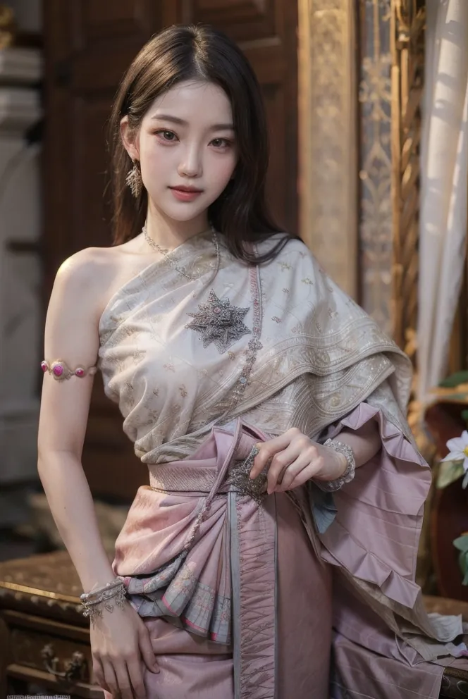 The image shows a young woman wearing a traditional Thai dress. The dress is made of a white and gold brocade fabric, and it is wrapped around her body in a way that leaves one shoulder exposed. The woman is also wearing a traditional Thai headdress and jewelry. The image is taken in a traditional Thai setting, and it captures the beauty and elegance of Thai culture.