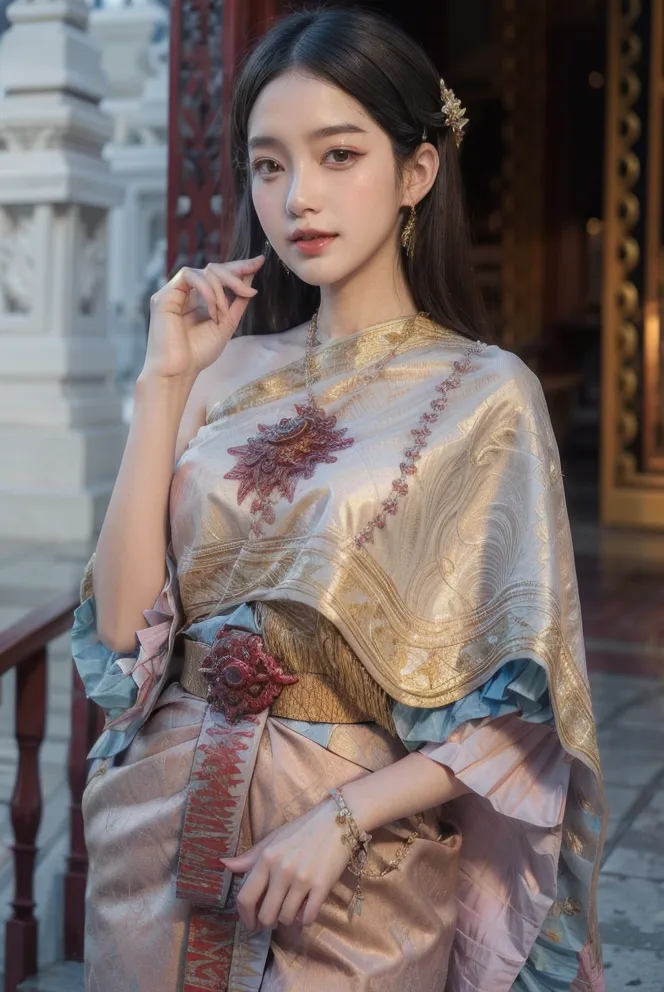 The image shows a young woman wearing a traditional Thai dress. The dress is made of a pink and gold brocade fabric, and has a long, flowing skirt. The woman is also wearing a traditional Thai headdress and jewelry. She is standing in a temple, and there is a statue of Buddha in the background.