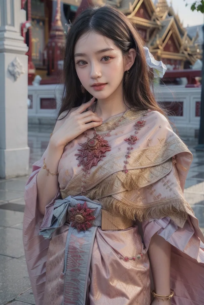 The photo shows a young woman wearing a Thai traditional dress. The dress has a pink outer layer with golden patterns and a white inner layer. The woman has long dark hair and is wearing a traditional Thai headdress. She is standing in a temple with a golden roof in the background.