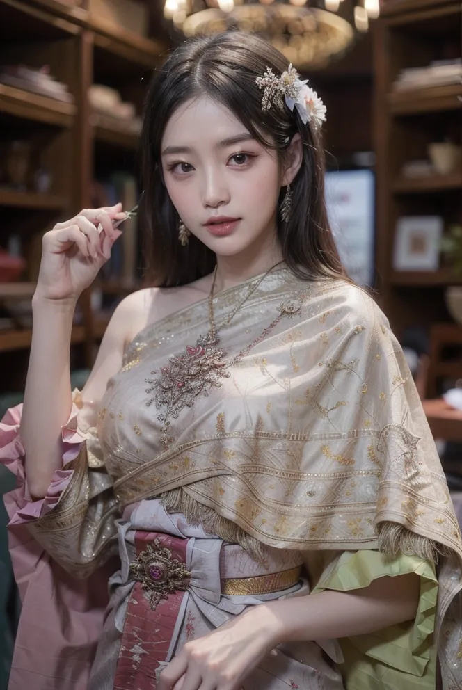 The image shows a young woman wearing a traditional Thai dress. The dress is made of a gold-colored fabric with intricate designs. The woman is also wearing a traditional Thai headdress and jewelry. She is standing in a traditional Thai house. The image is taken from a slightly elevated angle, which makes the woman appear even more regal. The overall effect of the image is one of beauty, elegance, and tradition.