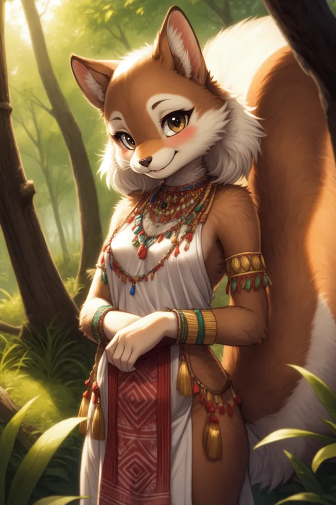 The image is of a beautiful anthropomorphic squirrel girl with brown fur and white paws. She is wearing a white dress with a red and white geometric pattern at the bottom and various necklaces. She has a shy smile on her face and is standing in a lush green forest.