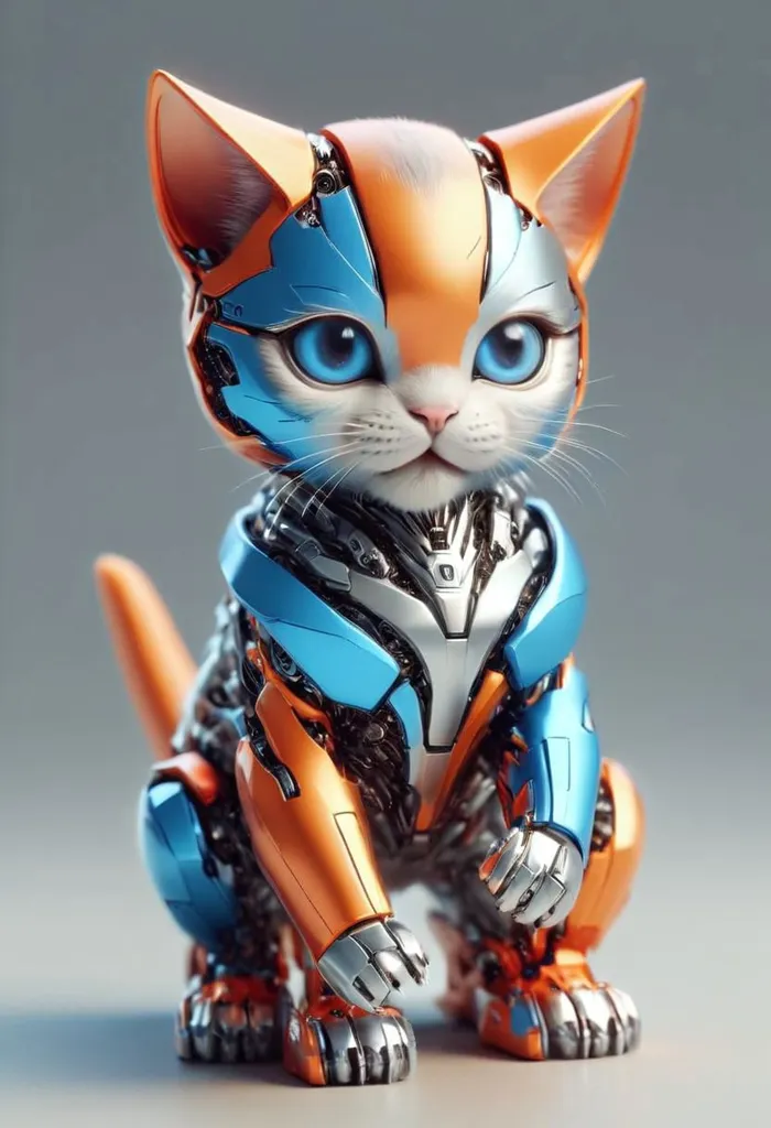 The image shows a robotic cat. It has a white and orange body with blue eyes. The cat is sitting on a white surface and looking at the viewer. The cat's fur is made of metal plates, and its body is made of a variety of mechanical parts. The cat's tail is long and thin, and it has a small blue light on the end. The cat's feet are made of metal claws, and it has a small blue light on each foot.