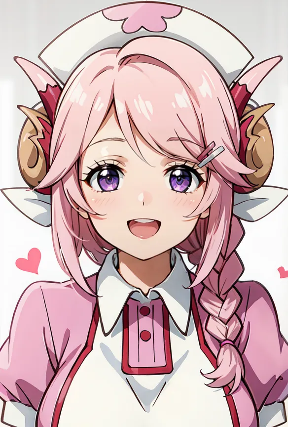 The image shows an anime-style girl with pink hair and purple eyes. She is wearing a pink nurse's outfit with a white collar and a red cross on the front. She has a gentle smile on her face and is looking at the viewer. Her pink hair is styled in a long braid that hangs down her back. She has small horns on her head and a pair of cat ears.