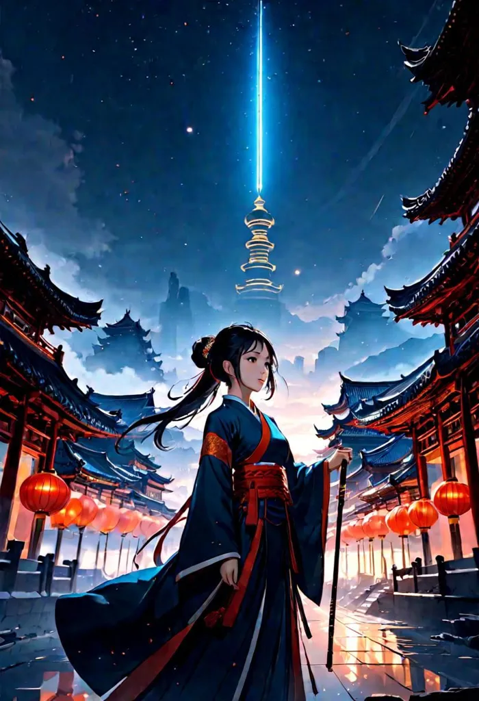 The image is a beautiful Chinese-style street scene. The street is lined with traditional Chinese buildings and red lanterns. The sky is dark and there are stars and a bright shining tower in the distance. A young woman in a traditional Chinese dress is walking down the street. She is carrying a sword. The image is very peaceful and serene.