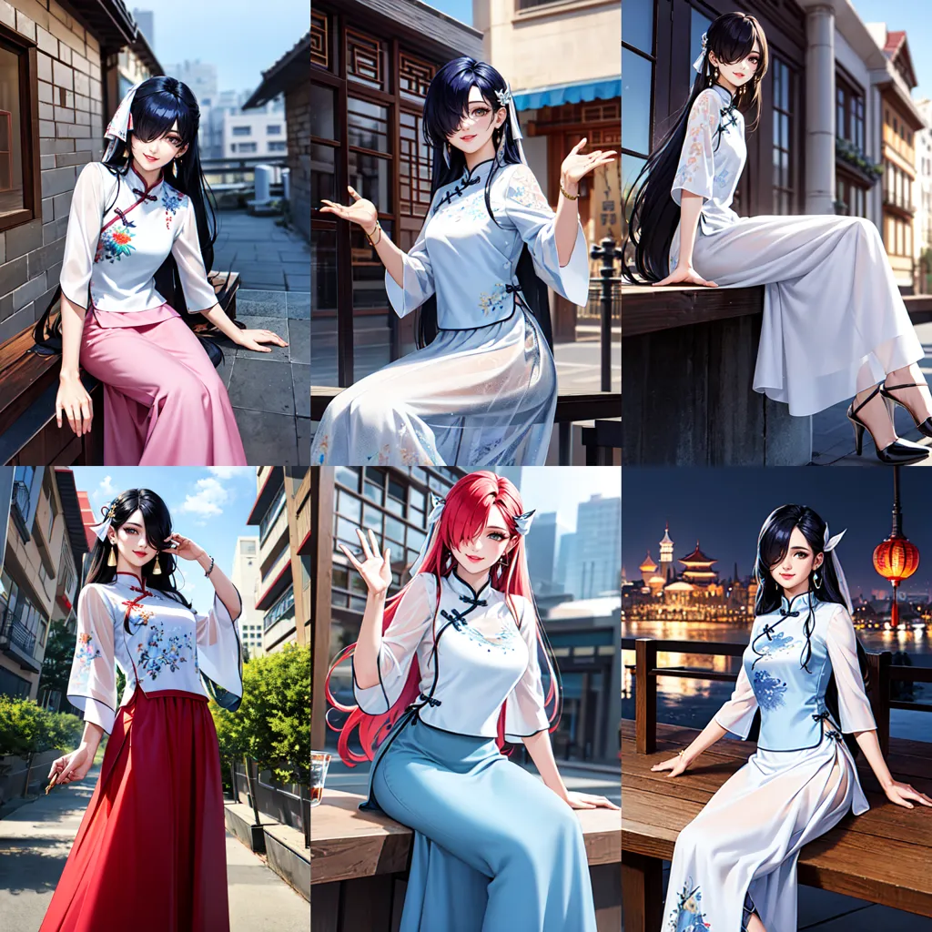 The image shows six beautiful women wearing旗袍(qipao), a traditional Chinese dress. They are all wearing different styles of旗袍, and each of them has a unique charm. The women are all standing in different poses, and they all look very confident and beautiful. The background of the image is a traditional Chinese street, which adds to the overall beauty of the image.