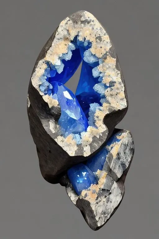 This image shows a beautiful blue mineral specimen. The mineral is a deep blue color and has a crystallized structure. The specimen is embedded in a dark gray rock matrix. The overall appearance of the specimen is very striking and it is a beautiful example of natural mineral formation.