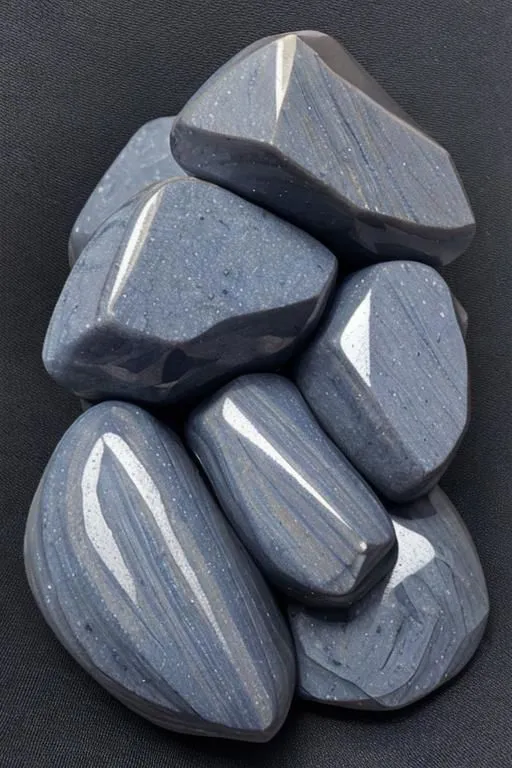 A pile of seven smooth, shiny rocks with angular facets. The rocks are a medium blue color with sparkly silver inclusions. They are arranged in a cluster on a black background.