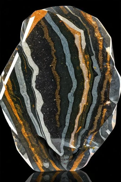 This is a stunning piece of malachite, a copper carbonate mineral. It has a beautiful banded pattern in shades of green, black, and brown. The malachite has been polished to a high shine, and it is set in a black frame. The overall effect is one of elegance and beauty.