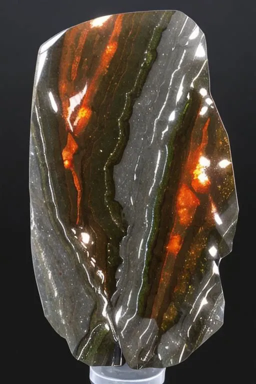 The image shows a slice of ammolite, a rare and iridescent gemstone. The ammolite is composed of the fossilized shells of ammonites, which are ancient cephalopods. The shells have been preserved in the rock and have a unique, opalescent appearance. The colors in the ammolite are caused by the diffraction of light from the layers of the shells. Ammolite is a popular gemstone and is often used in jewelry.