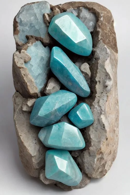 This is an image of several large, rough aquamarine crystals in a matrix of rock. Aquamarine is a type of beryl, and it is a popular gemstone. The crystals in this image are a beautiful light blue color, and they are faceted so that they sparkle in the light. The rock matrix is a dark gray color, and it provides a contrast to the bright blue of the crystals. The overall effect of the image is one of beauty and natural wonder.