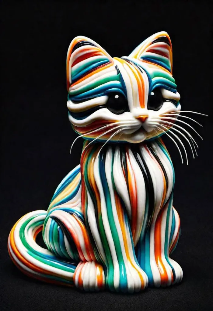 This is a colorful 3D rendering of a cat, with its body made up of rainbow-colored stripes. The cat is sitting with its tail wrapped around its front paws, and is looking up at the viewer with wide, curious eyes. The cat's fur is made up of many different colors, including red, orange, yellow, green, blue, and purple. The background is black, which makes the cat stand out.