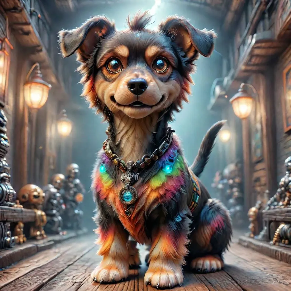 This is a picture of a puppy with rainbow feathers around its neck. The puppy is sitting on a wooden floor in what appears to be a workshop as there are many mechanical contraptions on shelves lining the walls. The puppy has black, brown, and tan fur and is smiling at the viewer.