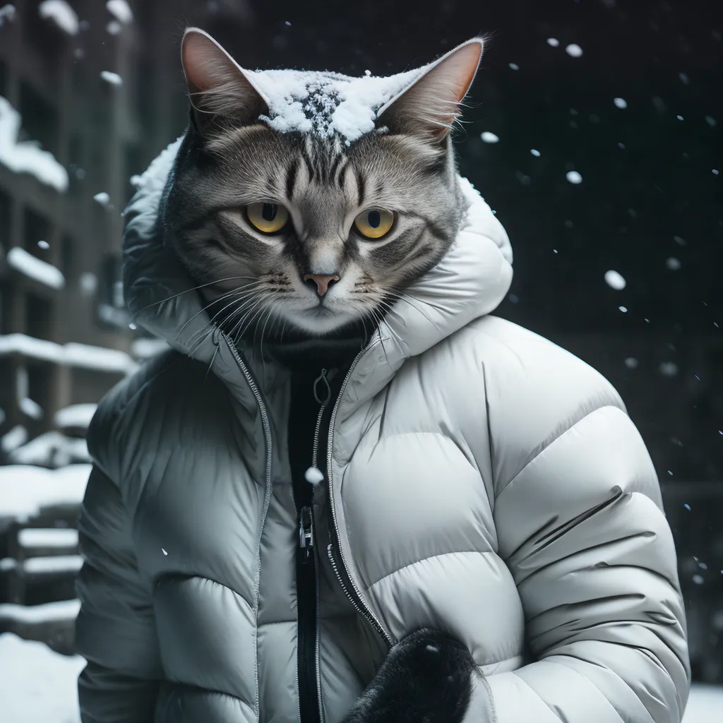 The image shows a cat wearing a white puffer jacket with a black zipper and black gloves. The cat has its ears sticking out of the hood of the jacket and is looking at the camera with a curious expression. The background is a snowy forest with trees and snow-covered ground.