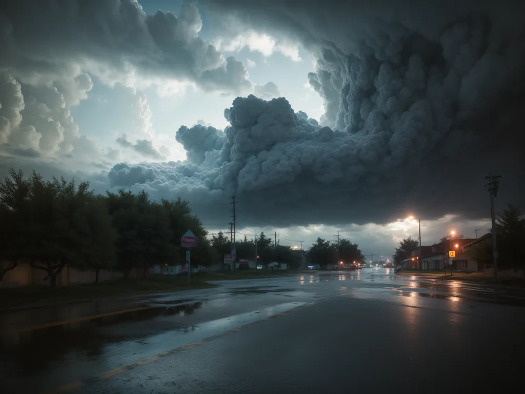 图像显示了一个阴暗多云的夜晚。天空被厚重的黑云遮蔽,大雨如注。狂风吹过树木,电力已经中断。唯一的光源来自闪烁的路灯。道路上空无一人,只有几辆车停在路边。整个场景充满了荒凉和阴郁。