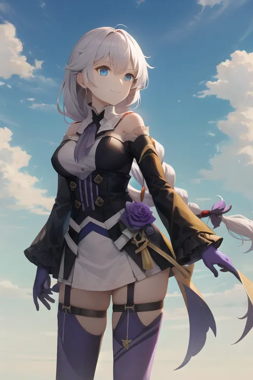 The image shows an anime-style girl with white hair and blue eyes. She is wearing a white and purple dress with a black corset. She is also wearing a pair of black gloves and a black choker. Her hair is in a long ponytail and she has a rose on her chest. She is standing in a field of flowers and there are clouds in the background.