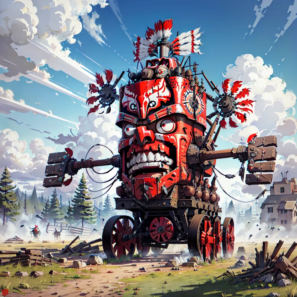 This is an image of a large, red, mechanical contraption with a face that resembles a Native American chief. It has wheels and appears to be moving through a forest. The contraption is made of metal and wood and has a number of weapons mounted on it. There are several people on the contraption, including a man in a red shirt who is standing on the top of it. The background of the image is a forest with a mountain in the distance.