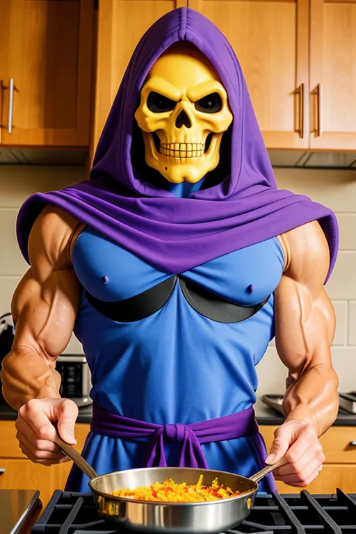 这张图片显示了一个穿着斯凯勒托(Skeletor)服装的男人,这是《宇宙大师》(Masters of the Universe)系列的一个反派角色。这个男人身材健壮高大,戴着一个黄色的骷髅面具,穿着紫色的兜帽和蓝色的服装。他站在厨房里,手里拿着一个煎锅,里面装着食物。这个男人正严肃地看着镜头。