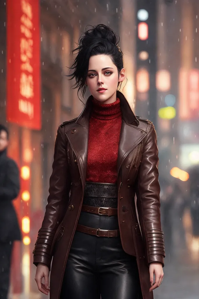 The image is of a young woman, probably in her 20s, with short black hair and brown eyes. She is wearing a red turtleneck sweater, a brown leather jacket, and black leather pants. She is standing in a dark alleyway, with a city street in the background. The street is lit by red and yellow lights. It looks like it is raining. The woman is looking at the camera with a serious expression. She has a gun in her hand.