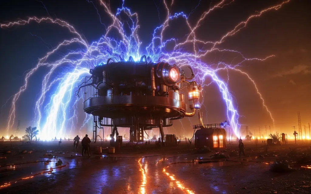 The image is a scene of a large, steampunk-style machine in the middle of a desert. The machine is surrounded by lightning bolts and there are people running away from it. The machine has a large, glowing eye on the front and is surrounded by pipes and wires. The ground is wet and there are flames coming out of the machine. The sky is dark and there are clouds in the distance.