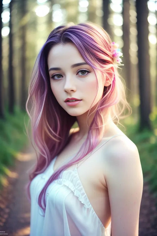 The image shows a beautiful young woman with long, flowing hair. Her hair is a mix of purple, pink, and blonde, and she has a flower crown on her head. She is wearing a white dress, and her skin is flawless. She is standing in a forest, and the sun is shining through the trees.