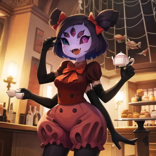 这张图片是来自独立游戏"Undertale"中的Muffet。她是一个类蜘蛛的生物,有黑色的头发和红色的眼睛。她穿着一件红白相间的连衣裙,胸前有一个大蝴蝶结。她有六只手臂,其中两只正拿着茶杯。她站在一个有满桌子糕点的房间里。