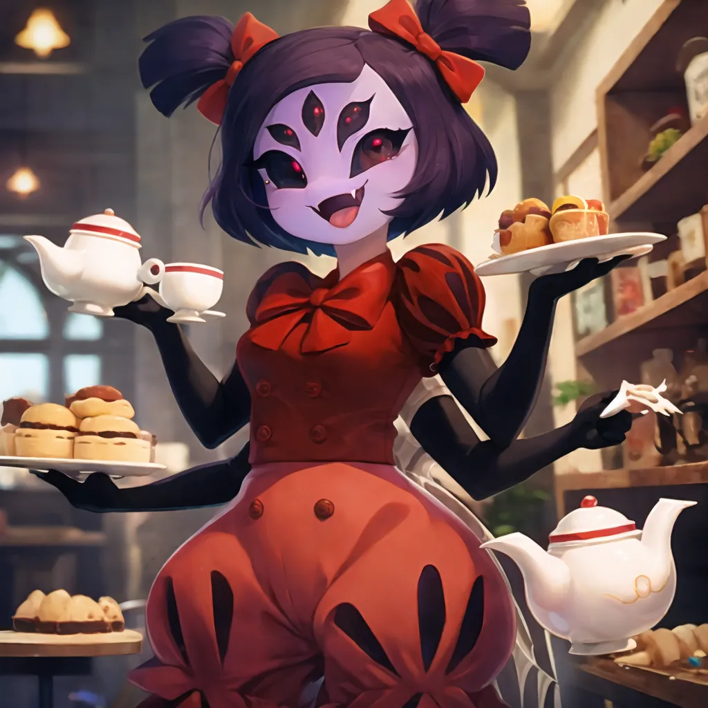 这张图片是来自独立游戏《Undertale》中的Muffet。她是一个类蜘蛛的生物,头部是一个年轻女性的样子。她穿着一件红色的连衣裙,外面还有一件白色的围裙。她有四只手臂,其中两只手拿着茶壶,另外两只手拿着盘子上的糕点。她站在一个厨房里,周围有装满食物的架子。