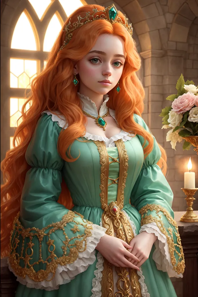 The image shows a young woman with long red hair. She is wearing a green dress with gold trim and a gold crown. She is standing in front of a stone wall with a stained glass window. There is a table next to her with a candle and a vase of flowers.