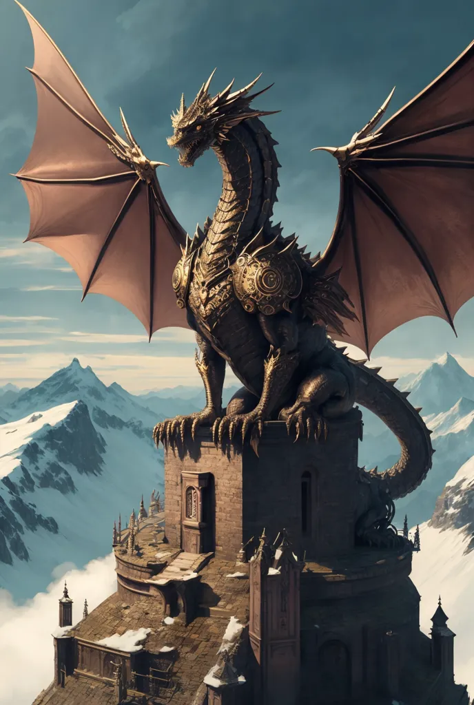 The image is a digital painting of a dragon perched on a tower. The dragon is black and gold with red wings. It has a long serpentine body and a large pair of wings. The tower is made of gray stone and has a pointed roof. The dragon is looking out over a mountainous landscape. The sky is blue and there are clouds in the background.