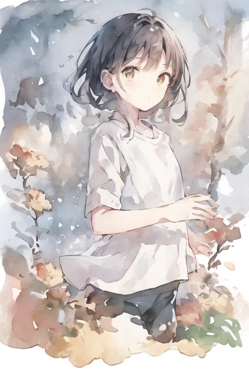 This is an image of an anime-style girl with brown hair and yellow eyes. She is wearing a white shirt and black shorts. She is standing in a field of flowers, and there are also some flowers in her hair. The background is a blur of light blue and yellow. The image has a soft, painterly look.