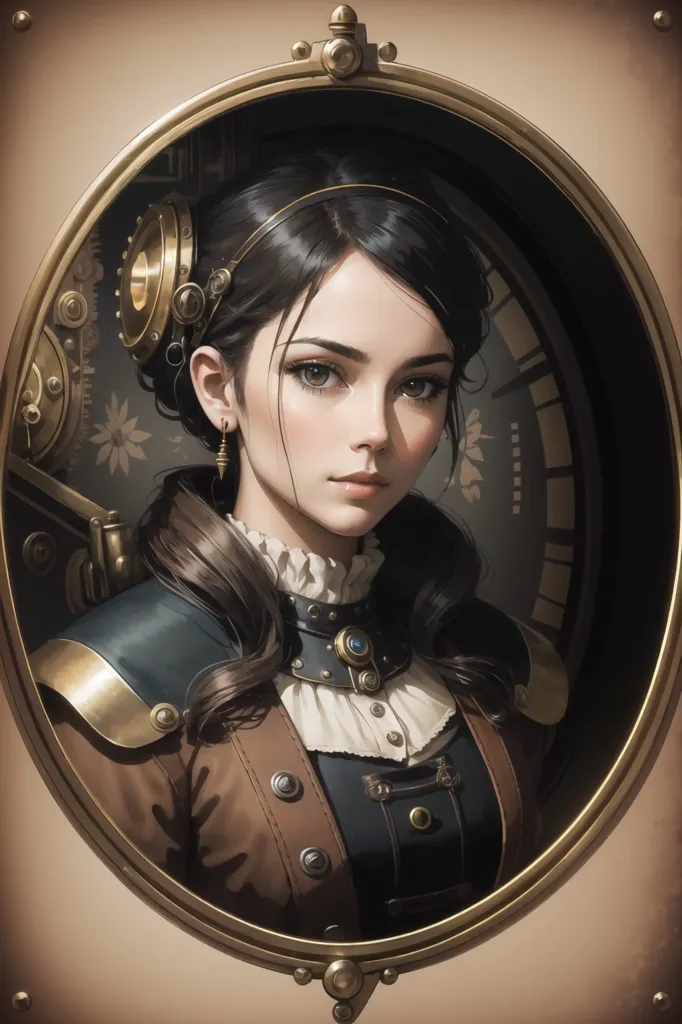 The picture shows a young woman with long dark hair. She is wearing a brown steampunk style outfit with a white frilly shirt and brown jacket with gold buttons. She has a gear-shaped hairpiece in her hair and a clock behind her head.