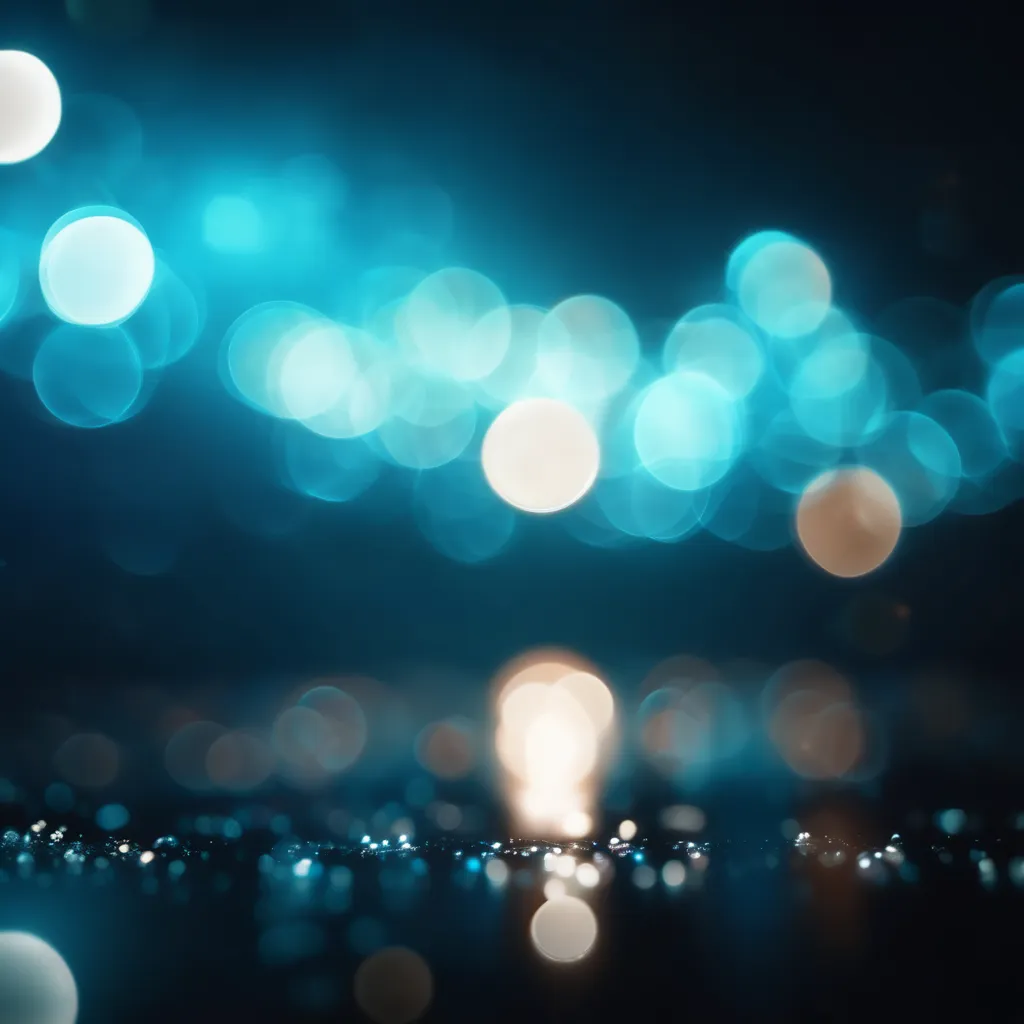 The image is very blurry and out of focus. It is dark blue in color with a few bright white and yellow lights in the background. The lights are blurred and look like they are reflected on a wet surface.