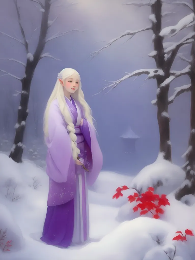 The picture shows a beautiful elf girl with long white hair. She is wearing a purple kimono with a white obi. The girl is standing in a snowy forest, holding a folding fan in her hands. The trees are bare, and the snow is thick on the ground. The girl's face is serene, and she seems to be enjoying the snow.