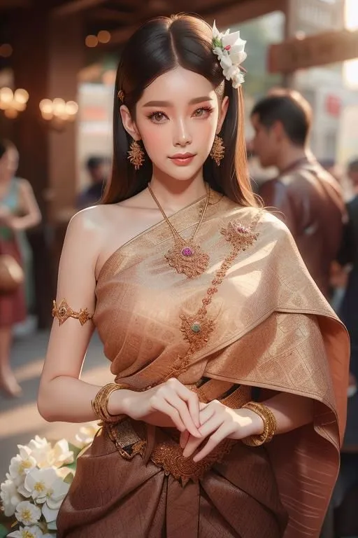 The picture shows a beautiful Thai woman wearing a traditional Thai dress. The dress is golden brown with intricate golden patterns and a white sash. She is also wearing a traditional Thai headdress and jewelry. The woman is standing in a traditional Thai house, and there are flowers in the background.