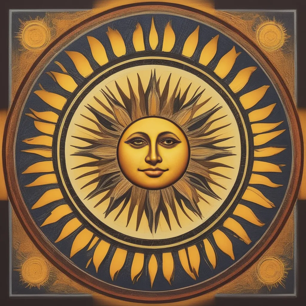 The image is a depiction of the sun. It is a circular image with a yellow background and a brown border. The sun has a human face with a serene expression. The face is surrounded by 12 triangular rays.