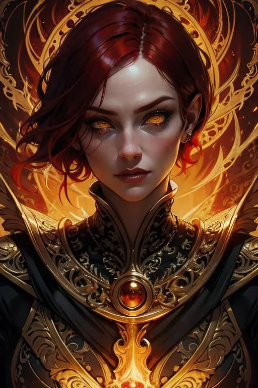 This is a picture of a woman with long red hair and yellow eyes. She is wearing a golden armor with a red cape. She has a serious expression on her face. The background is a dark red with a golden glow around the woman.