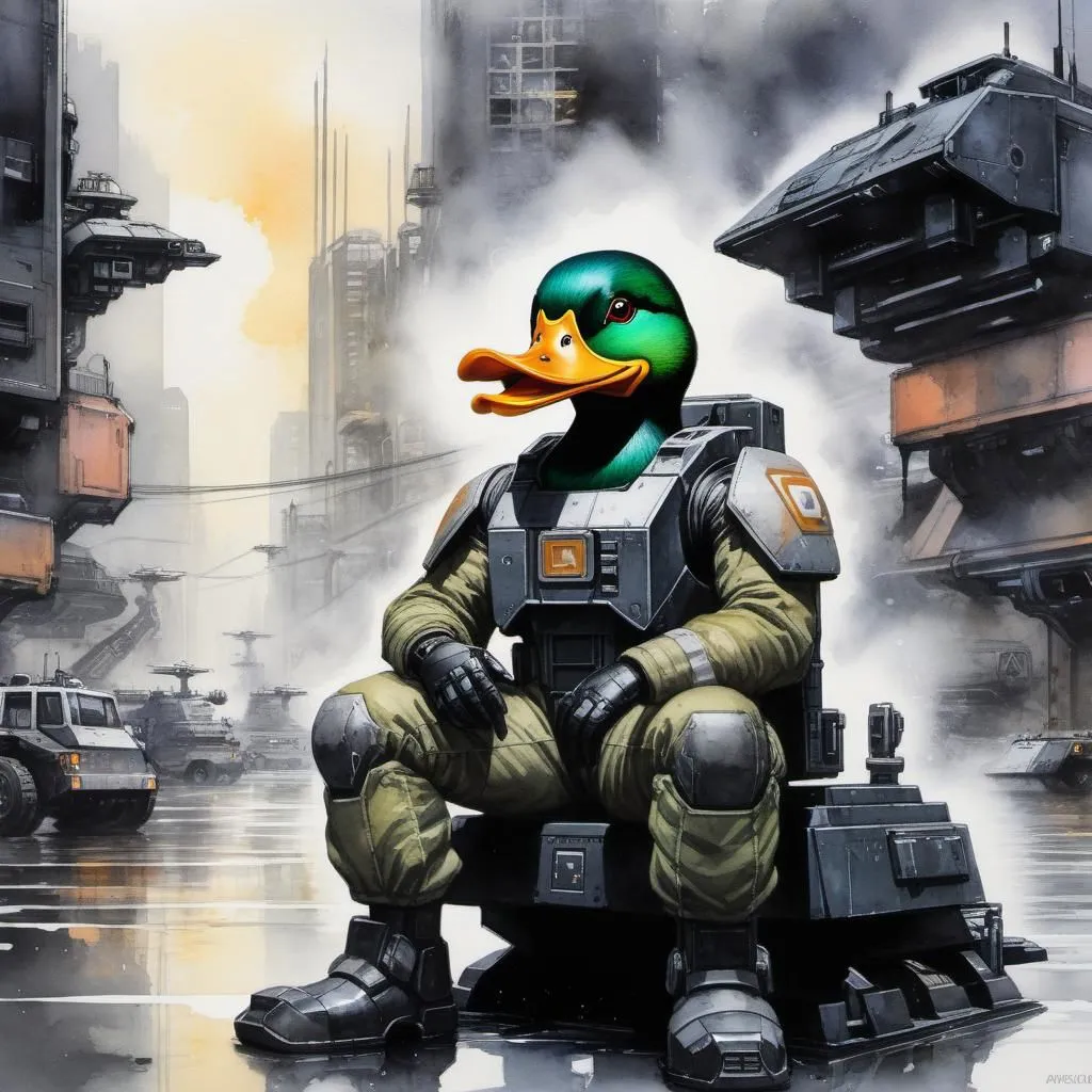 This is an image of a duck wearing a military-style exoskeleton. It is sitting on a platform surrounded by large buildings and vehicles. The duck is looking at the viewer with a determined expression. The image is set in a post-apocalyptic world.