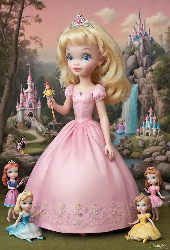 This is a picture of a doll. She is wearing a pink dress and has a crown on her head. She is holding a magic wand and there are 5 smaller dolls around her. They are in a forest with a castle in the background.