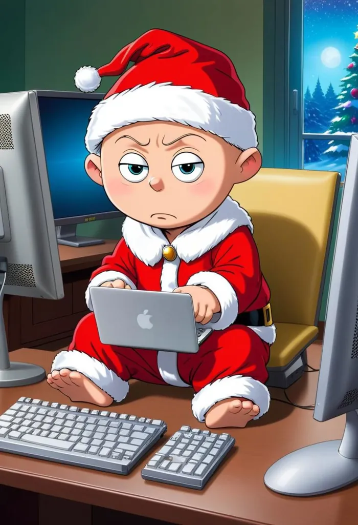 The image shows a baby wearing a Santa hat and a red and white Santa suit. The baby is sitting in a chair in front of a desk. On the desk are two computer monitors, a keyboard, and a mouse. The baby is looking at the laptop screen with a serious expression on its face. The baby's feet are bare. There is a window behind the baby showing a snowy landscape with a Christmas tree.