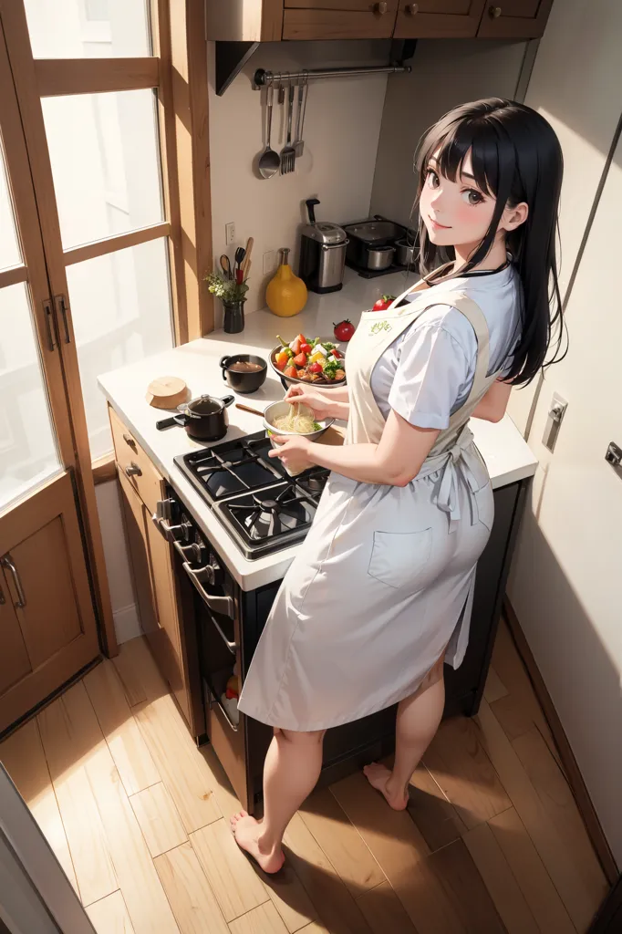 A young woman is cooking in a kitchen. She is wearing a white apron and a white shirt. She has long black hair and brown eyes. She is barefoot. The kitchen is small and has white cabinets and a black countertop. There is a window to the left of the stove. The woman is smiling and looks happy. She is holding a wooden spoon and is stirring something in a pot on the stove. There are two bowls on the counter. One has vegetables in it, and the other has something red in it. There is also a small pitcher on the counter.